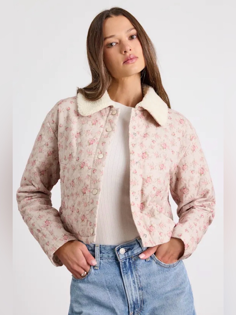 NWT Lulu's Cream Sherpa Collar Pink Floral Quilted Barn Jacket - Extra Large